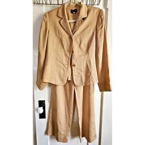 Ann Taylor petite 100% silk tan pants suit -jacket+trouser 2pcs Sz 6P‎